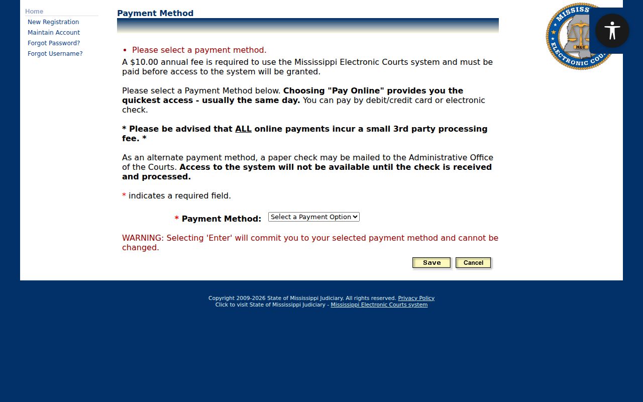 Panola County case search PAMEC payment method screen