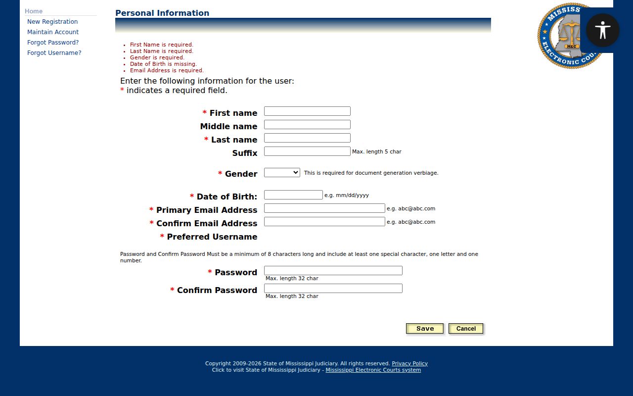 Panola County case search PAMEC identity and contact registration form