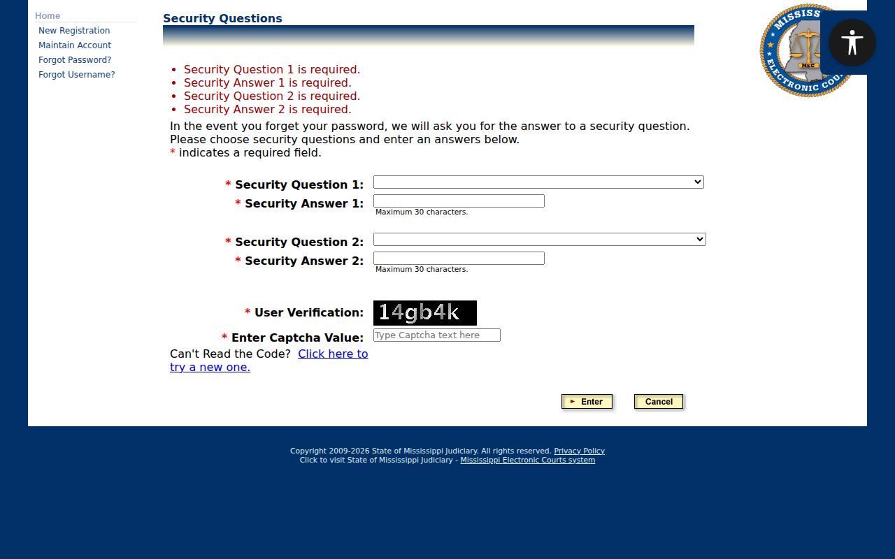 Panola County case search PAMEC security questions and CAPTCHA screen