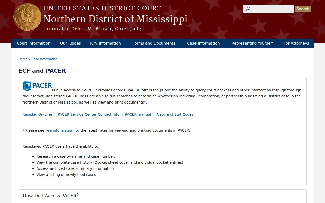 Panola County court records Northern District PACER and ECF access page
