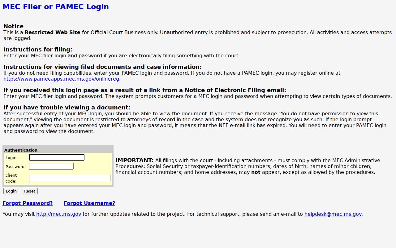Panola criminal docket MEC login access notice