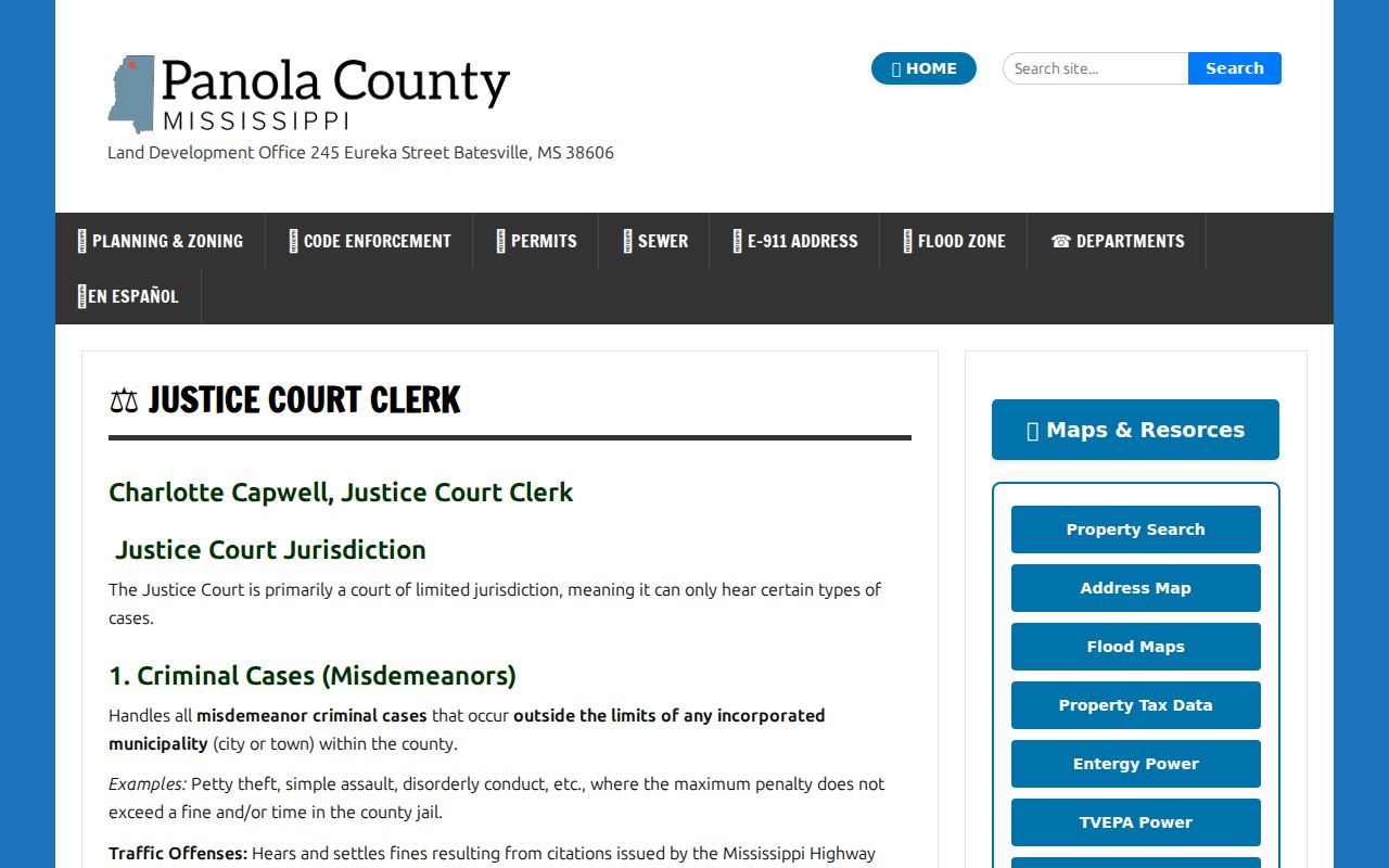 Panola County traffic court records Justice Court Clerk routing page